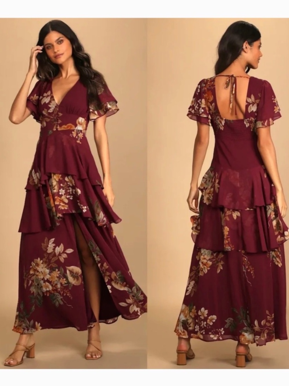 NWT Lulus Midnight Mood Burgundy Floral Print Tiered Maxi Dress L